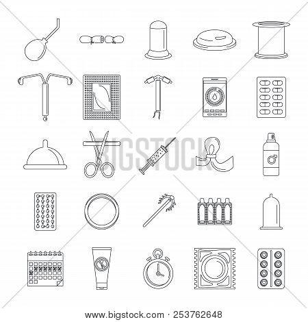 Contraception Day Control Pill Medication Oral Test Icons Set. Outline Illustration Of 25 Contracept