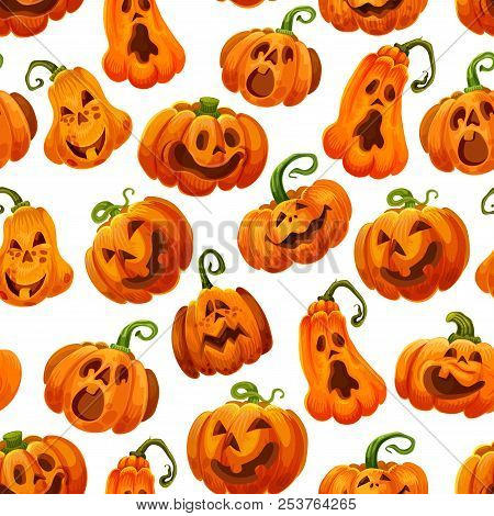 Halloween Pumpkin Monster Seamless Pattern For October Holiday Background. Orange Jack O Lantern Bac