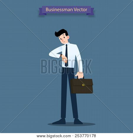 Businessman Look At His Watch To Check The Time And Waiting For Co-worker Or His Dealer About Minute