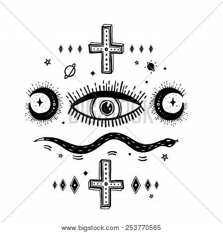 Sketch Graphic Illustration With Mystic And Occult Hand Drawn Symbols. Vector Holiday Illustration F