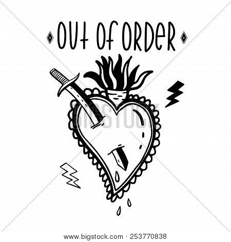 Sketch Graphic Illustration Heart Knife With Mystic And Occult Hand Drawn Symbols. Vector Holiday Il