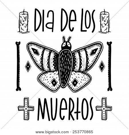 Sketch Graphic Illustration Moth And Bones With Mystic And Occult Hand Drawn Symbols. Vector Holiday