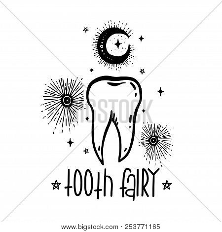 Sketch Graphic Illustration Tooth With Mystic And Occult Hand Drawn Symbols. Vector Holiday Illustra