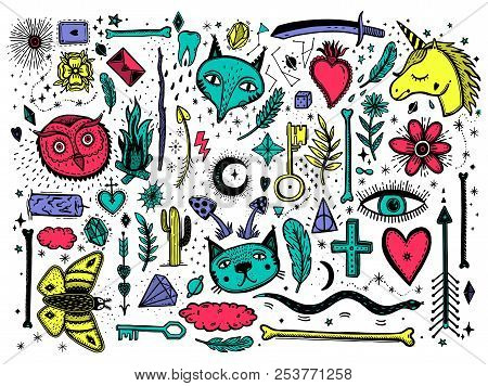 Sketch Graphic Illustration With Mystic And Occult Hand Drawn Symbols Big Set. Vector Holiday Illust