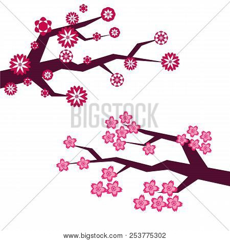 Sakura Flowers In Cartoon Style, Beautiful  Japanese  Background. Vector Illustration.