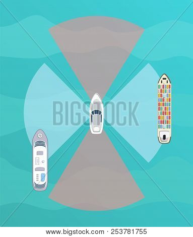 Autonomous Ship With Radar Top View. Self Driving Boat Concept. Self Driving Water Vehicle With Rada