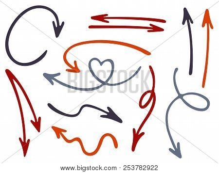 Hand Drawn Diagram Arrow Icons Vector Set. Up Down Marker Sketch Arrows, Right And Left Direction Po