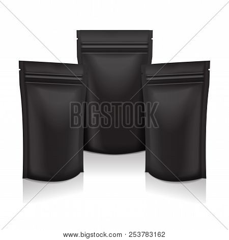 Black Blank Foil Food Or Cosmetic Pack Pouch Sachet Bag Packaging With Zipper. Vector Isolated Mock 