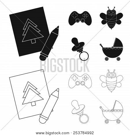 Picture, Dzhostik, Bee, Nipple.toys Set Collection Icons In Black, Outline Style Vector Symbol Stock