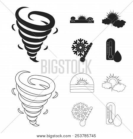 Tornado, Sunrise, Cloudiness, Snow And Frost. The Weather Set Collection Icons In Black, Outline Sty