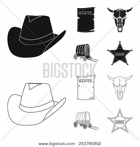 Cowboy Hat, Is Searched, Cart, Bull Skull. Wild West Set Collection Icons In Black, Outline Style Ve