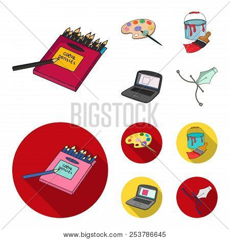 A Palette With A Brush, A Bucket With A Paint Brush, A Computer, A Tool, A Pen.artist And Drawing Se
