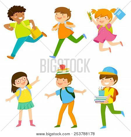 Set Of Six Cartoon Kids Going To School