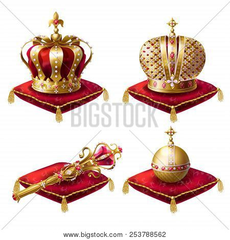 Golden Royal Crowns, Scepter With Gem Stone And Globus Cruciger Lying On Red Ceremonial Pillow With 