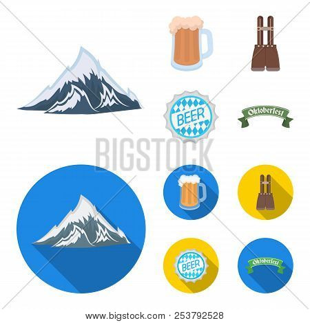 Shorts With Suspenders, A Glass Of Beer, A Sign, An Emblem. Oktoberfest Set Collection Icons In Cart