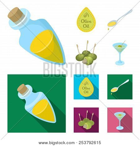 Label Of Olive Oil, Spoon With A Drop, Olives On Sticks, A Glass Of Alcohol. Olives Set Collection I