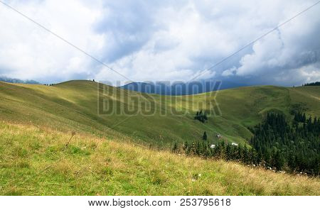 Green Mountain Valley, Green Forest, Top Of The Hill, Small Houses And Cows