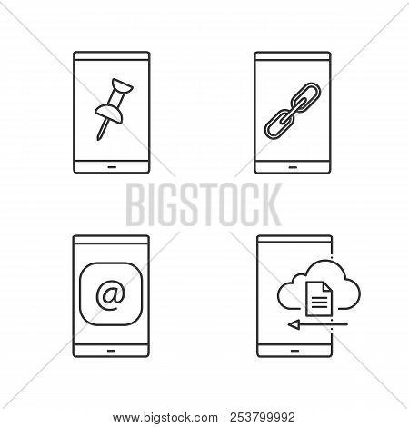 Smartphone Linear Icons Set. File Attach, Link, E-mail, Cloud Storage. Thin Line Contour Symbols. Is