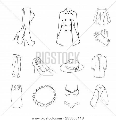 Women Clothing Outline Icons In Set Collection For Design.clothing Varieties And Accessories Vector 