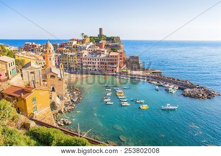 Vernazza, Italy, July 31, 2017 - Panoramic View Of Vernazza, 5 Terre, La Spezia Province, Ligurian C