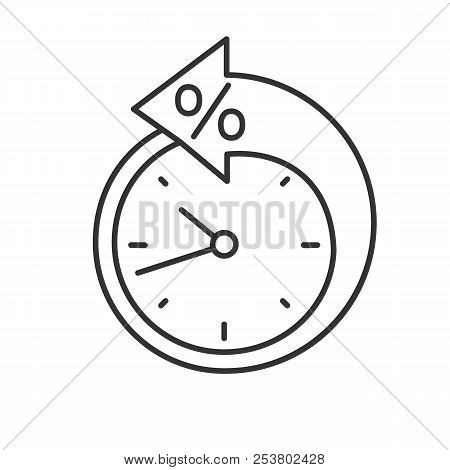 Back Arrow Around Clock With Percent Linear Icon. Counterclockwise. Thin Line Illustration. Debt Res