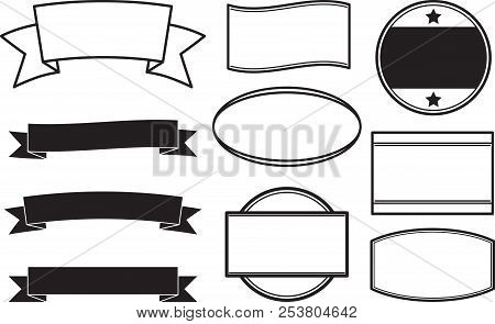 Big Set Of Black Solid Style Templates For Round Rubber Stamps And Ribbon Banners.