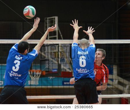 KAPOSVAR, Ungarn - 13. NOVEMBER: Balint Magyar (blå 6) i aktion på en ungarske nationale Championsh