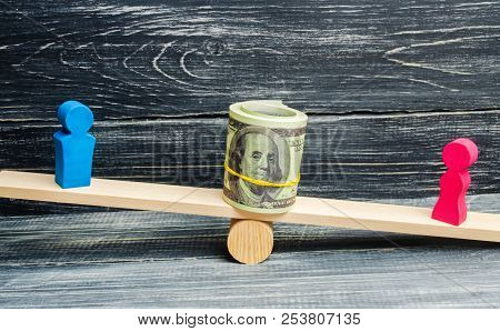 Divorce. Division Of Property By Legal Means. Man And Woman Are Standing On The Scales. Trial, Confl