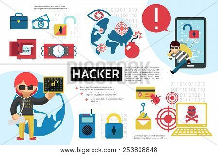 Flat Hacking Infographic Concept With Hackers Safe Dynamite Bomb Bug Laptop Money Lock Remote Contro