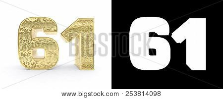 Golden Number Sixty One (number 61) On White Background With Drop Shadow And Alpha Channel. 3d Illus
