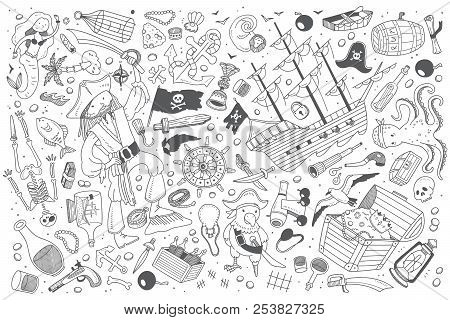 Hand Drawn Pirates Set Doodle Vector Background