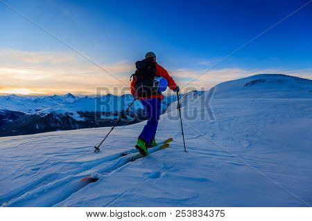 Skiing with amazing view of swiss famous mountains in beautiful winter snow , 4 Valleys, Verbier, Switzerland