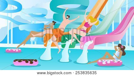 Water Slide Vector Illustration. Swimming Pool With Pipe And Tube Park To Slide Down. Entertainment 
