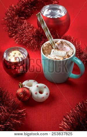 Festive Christmas Holiday Lay Out With A Cup Of Hot Chocolate With Marshmallows And Decorations, Red