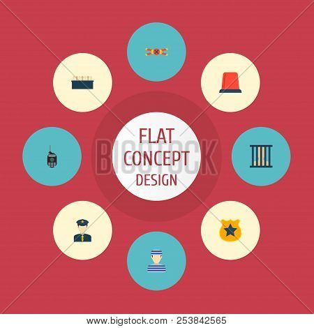 Set Of Crime Icons Flat Style Symbols With Prison, Jurors, Police Badge And Other Icons For Your Web