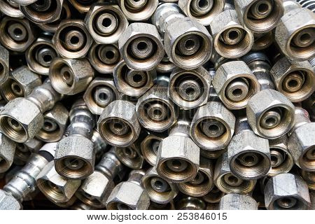 Metal Hydraulic Hoses Fitings Close Up Background