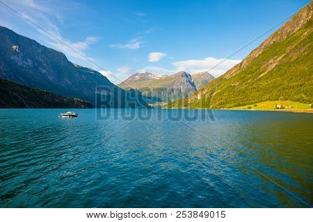 Boat On Oppstrynsvatn Lake In The Municipality Of Stryn In Sogn Og Fjordane County, In Norway