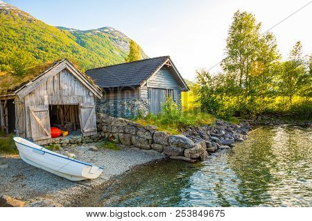 Tradithional Fishing Houses In Oppstrynsvatn Lake In The Municipality Of Stryn In Sogn Og Fjordane C