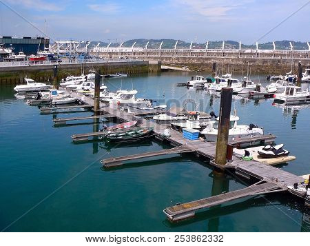 Fishing Boats In The Bay Of The City Of Gijón, Asturias. Spain. Europe