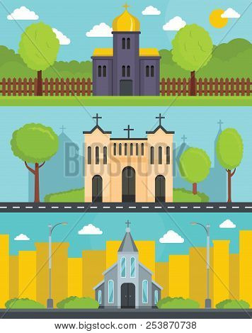Church Building Banner Concept Set. Flat Illustration Of 3 Church Building World Banner Horizontal C