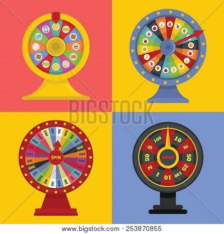 Spin Wheel Banner Concept Set. Flat Illustration Of 4 Spin Wheel World Banner Square Concepts For We