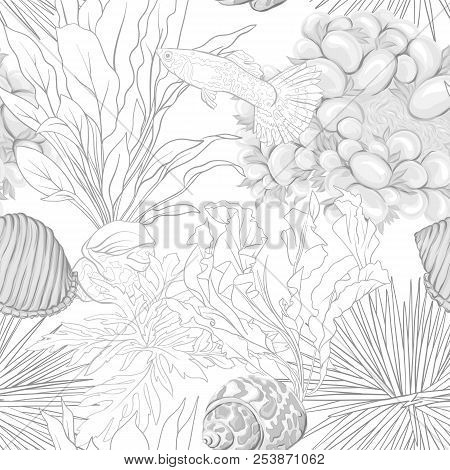 Sea World Seamless Pattern, Background With Fish, Corals And Shells On White Background. Stock Vecto