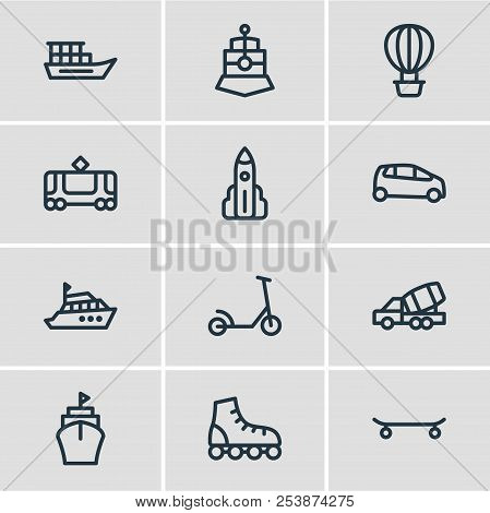 Illustration Of 12 Vehicle Icons Line Style. Editable Set Of Tram, Supermini, Construction Car And O