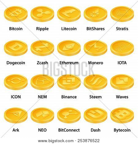 Cryptocurrency Types Icons Set. Isometric Illustration Of 25 Cryptocurrency Types Icons For Web