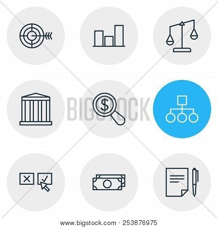 Vector Illustration Of 9 Trade Icons Line Style. Editable Set Of Bar, Structure, Bank And Other Icon