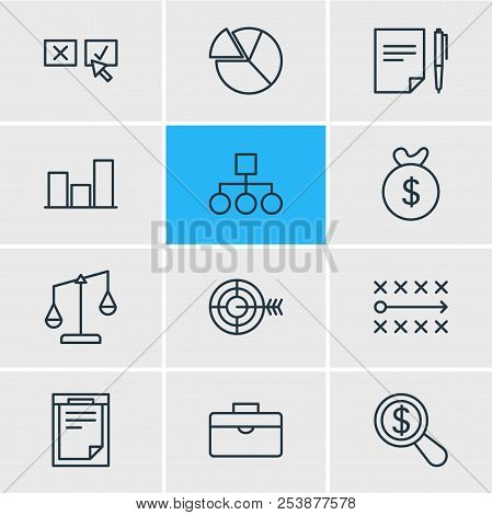 Illustration Of 12 Business Icons Line Style. Editable Set Of Deside Task, Briefcase, Research And O