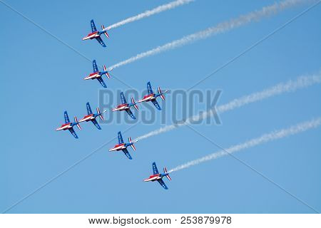 Toulon Rade, France - August 15, 2018: Patrouille De France Aerobatics Team, Famous Demonstration Of
