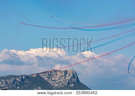 Toulon Rade, France - August 15, 2018: Patrouille De France Aerobatics Team, Famous Demonstration Of
