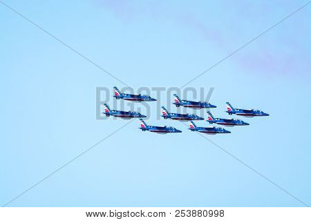 Toulon Rade, France - August 15, 2018: Patrouille De France Aerobatics Team, Famous Demonstration Of