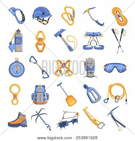 Mountaineering Equipment Icons Set. Cartoon Illustration Of 16 Mountaineering Equipment Icons For We